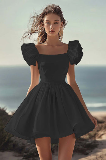 Black A Line Satin Mini Graduation Dress with Ruffles