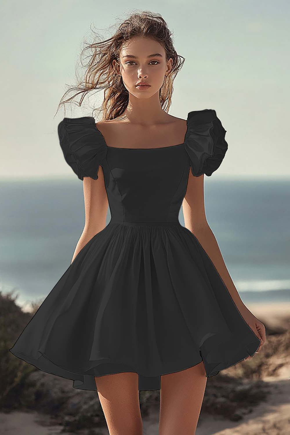 Black A Line Satin Mini Graduation Dress with Ruffles