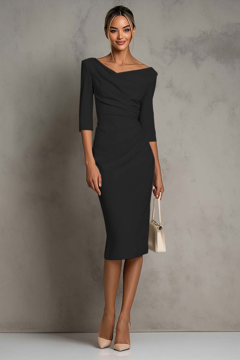 Load image into Gallery viewer, Simple Ivory Ruched Pencil Half Sleeves Midi Work Dress with Slit