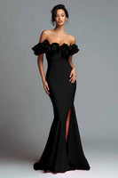 Load image into Gallery viewer, Black and Red Satin Mermaid Off the Shoulder Ruffled Long Formal Dress with Slit