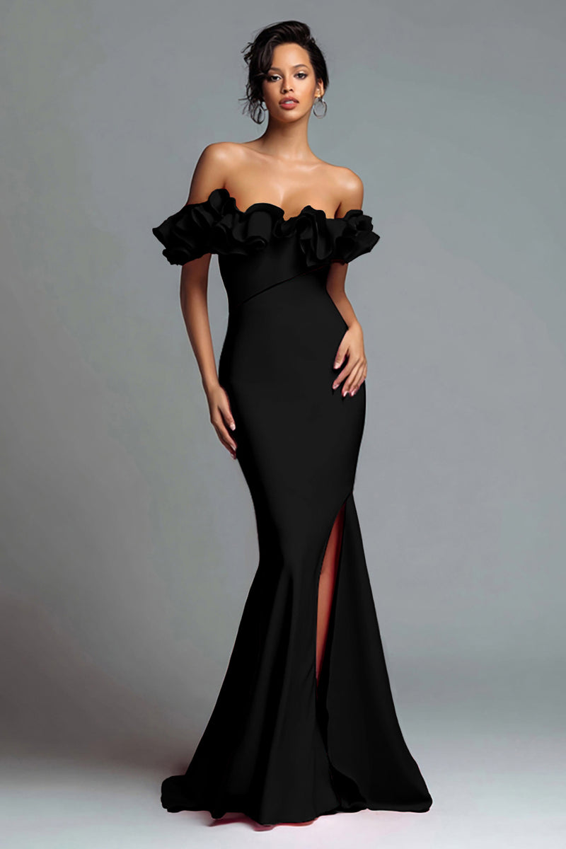 Load image into Gallery viewer, Black and Red Satin Mermaid Off the Shoulder Ruffled Long Formal Dress with Slit