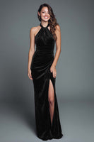 Load image into Gallery viewer, Burgundy Halter Velvet Mermaid Ruched Long Holiday Party Dress with Slit