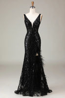 Load image into Gallery viewer, Black Mermaid Sequins Long Feathered Prom Dress