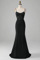 Load image into Gallery viewer, Black Mermaid Spaghetti Straps Long Prom Dress With Embroidery