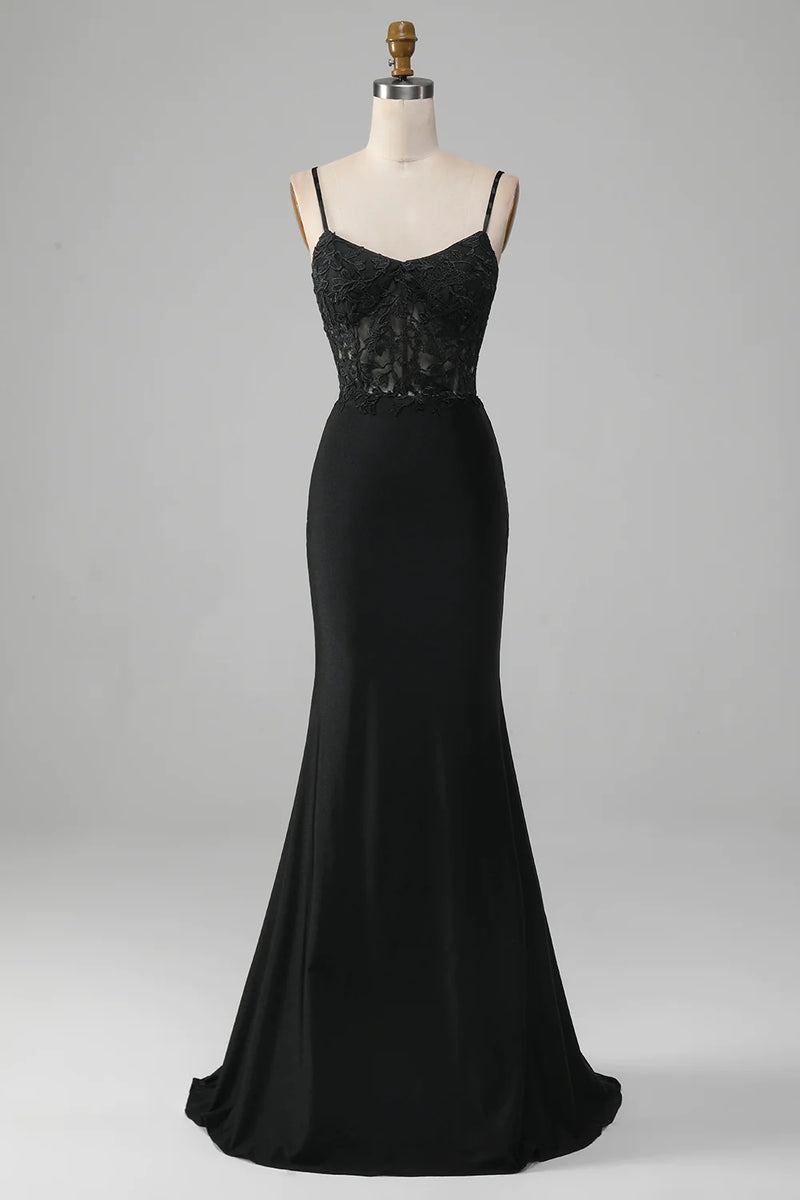 Load image into Gallery viewer, Black Mermaid Spaghetti Straps Long Prom Dress With Embroidery