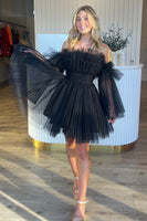 Load image into Gallery viewer, Black A-Line Off The Shoulder Homecoming Dress with Detachable Long Sleeves