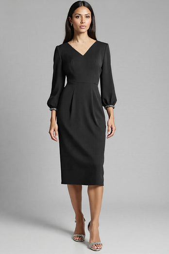 Navy Satin V-Neck Bodycon Midi Work Dress