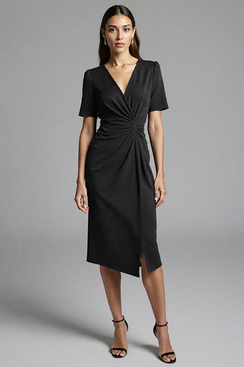 Navy Bodycon Satin V-Neck Midi Work Dress with Sleeves