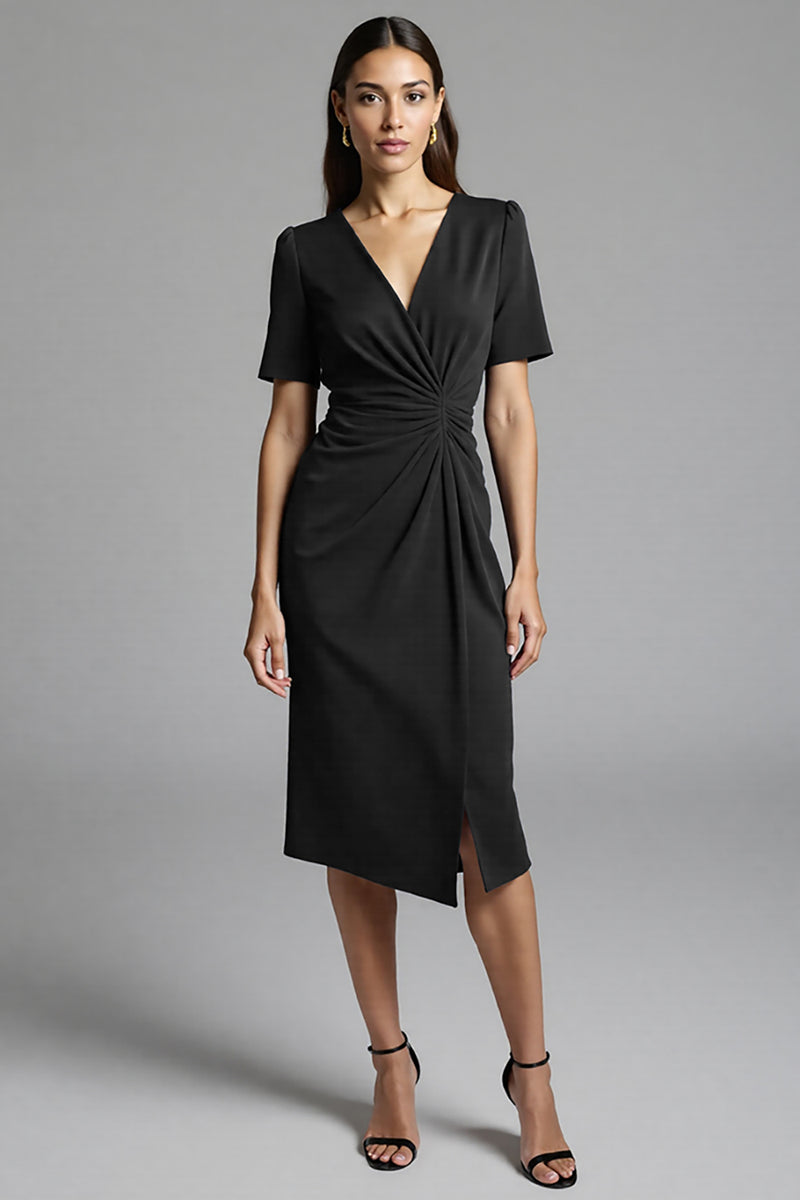 Load image into Gallery viewer, Navy Bodycon Satin V-Neck Midi Work Dress with Sleeves