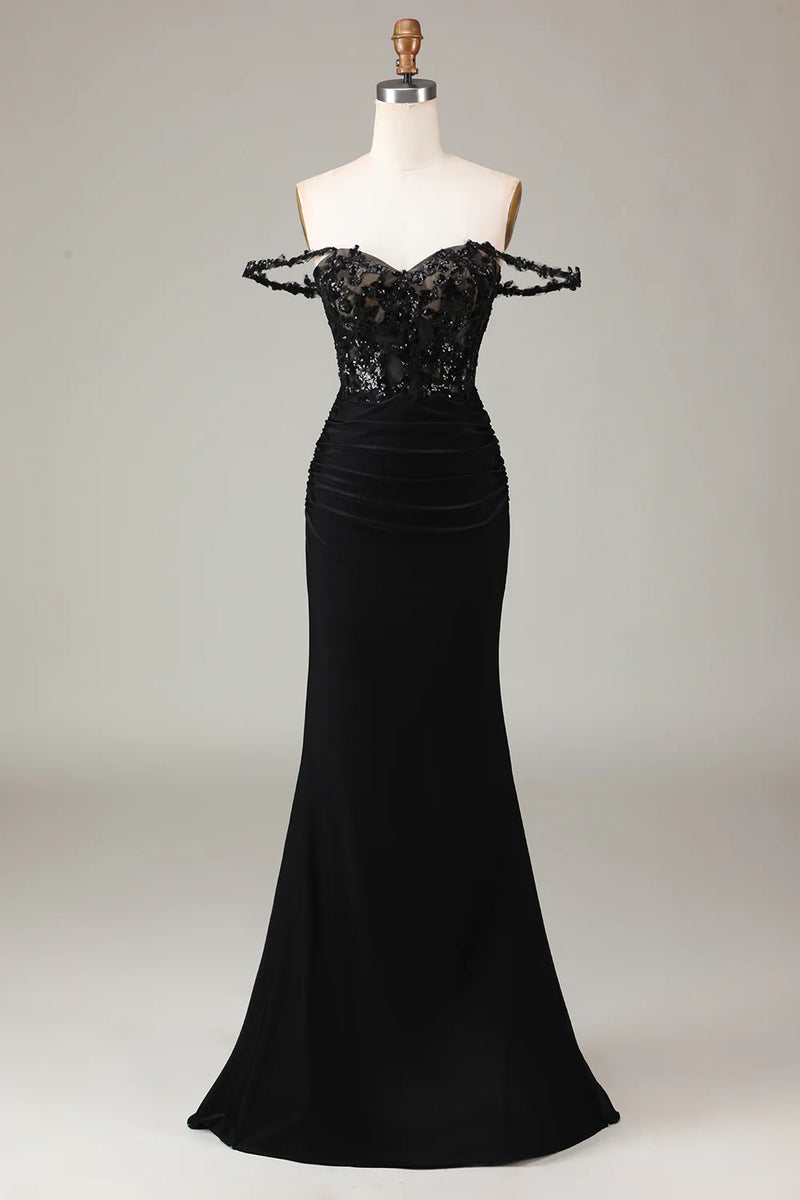 Load image into Gallery viewer, Black Mermaid Corset Long Appliqued Prom Dress