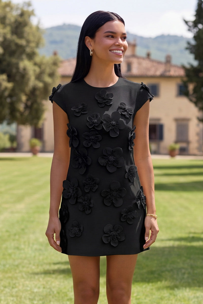 Load image into Gallery viewer, Butter Blue Floral Round Neck Short Homecoming Dress with Sleeves