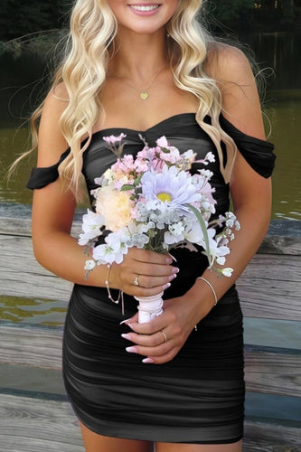 Black Satin Tight Off the Shoulder Mini Party Dress