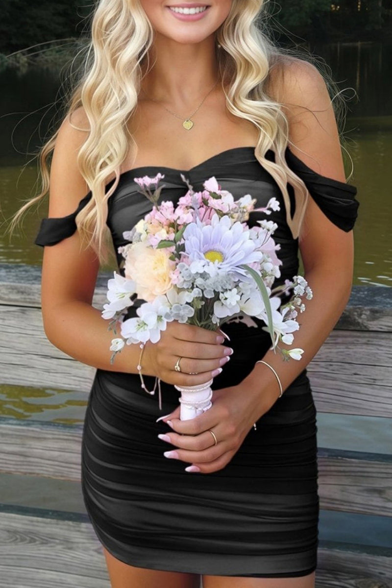 Load image into Gallery viewer, Black Satin Tight Off the Shoulder Mini Party Dress