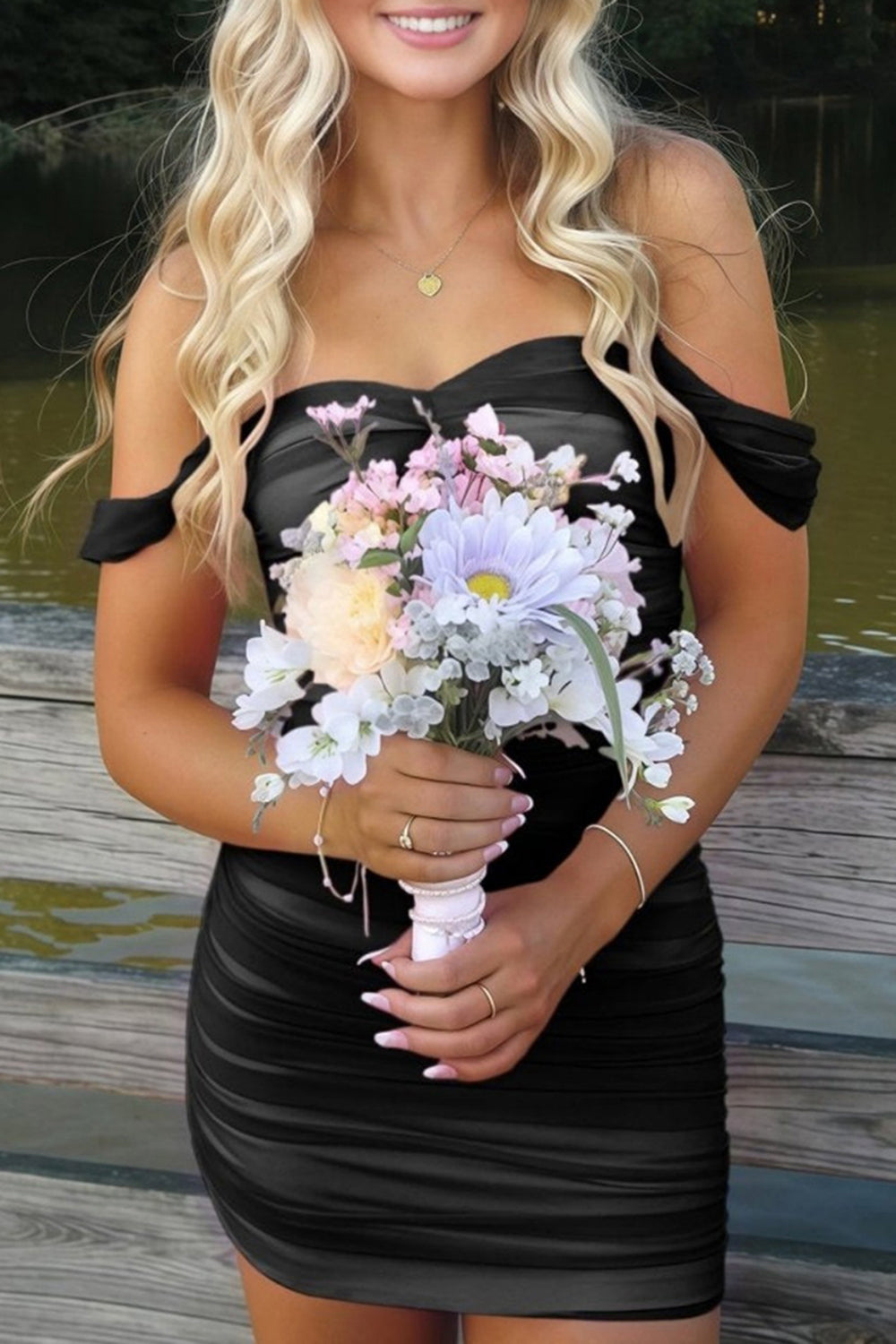 Black Satin Tight Off the Shoulder Mini Party Dress