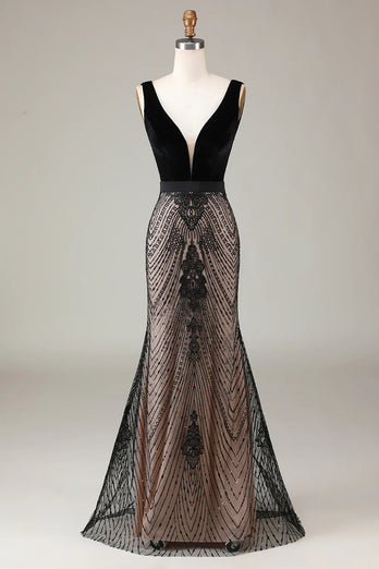 Mermaid Sequins V-Neck Black Prom Dress