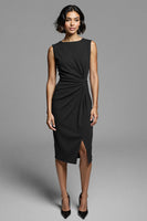 Load image into Gallery viewer, Grey Bodycon Satin Ruched Midi Work Dress with Slit