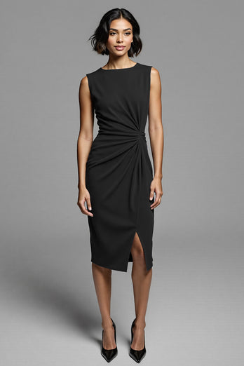 Grey Bodycon Satin Ruched Midi Work Dress with Slit