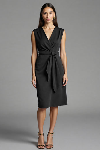 Navy Bodycon Satin V-Neck Midi Work Dress with Ruffles