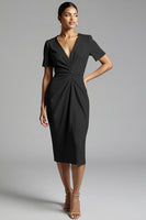 Load image into Gallery viewer, Champagne Bodycon V-Neck Midi Satin Work Dress with Sleeves