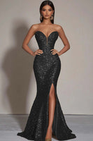 Load image into Gallery viewer, Sparkly Strapless Gold Mermaid Long Sequins Formal Dress with Slit