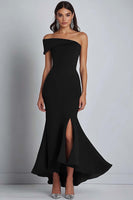 Load image into Gallery viewer, Satin Off the Shoulder Navy Sheath  Long Formal Dress with Slit