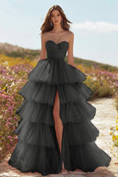Load image into Gallery viewer, Pink Tulle Ruffled Long Prom Dress with Slit