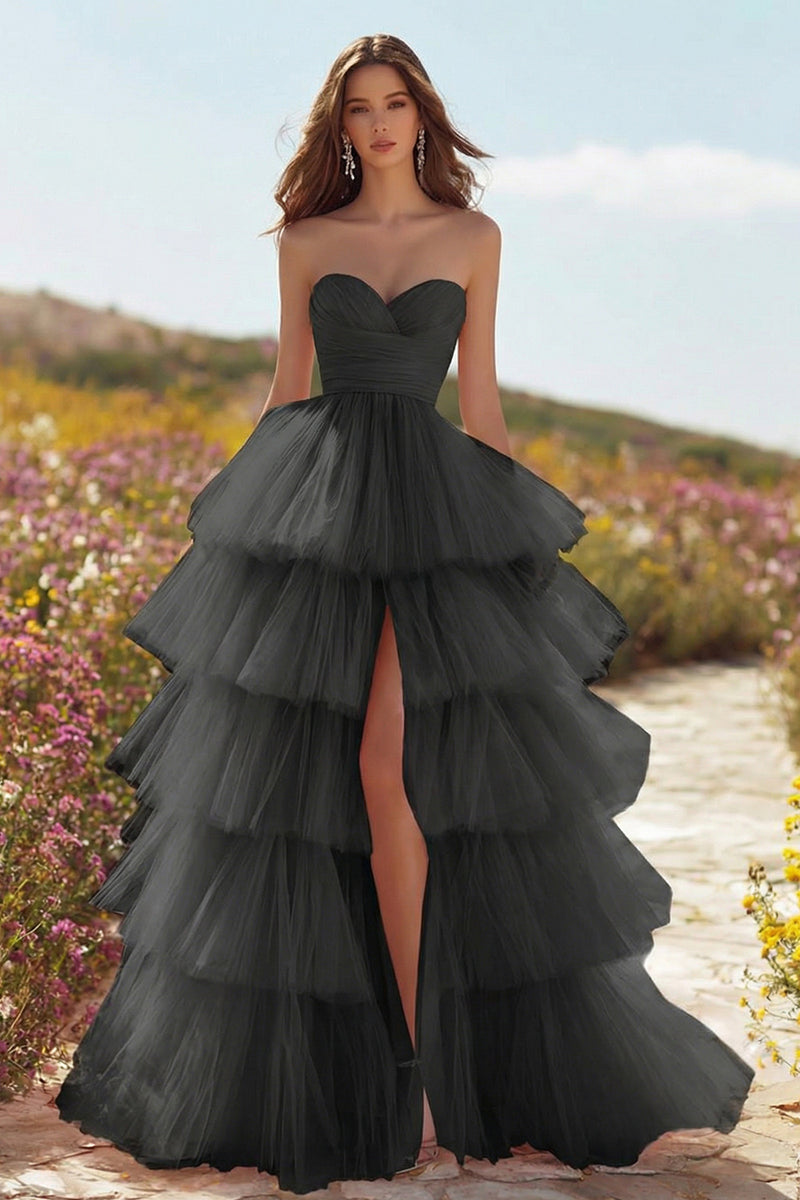 Load image into Gallery viewer, Pink Tulle Ruffled Long Prom Dress with Slit