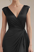 Load image into Gallery viewer, Peacock V-Neck Sheath Satin Long Formal Dress with Ruffles