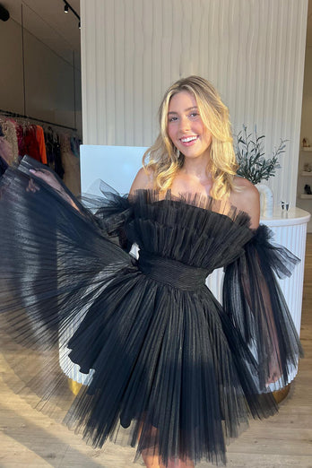 Black A-Line Off The Shoulder Homecoming Dress with Detachable Long Sleeves