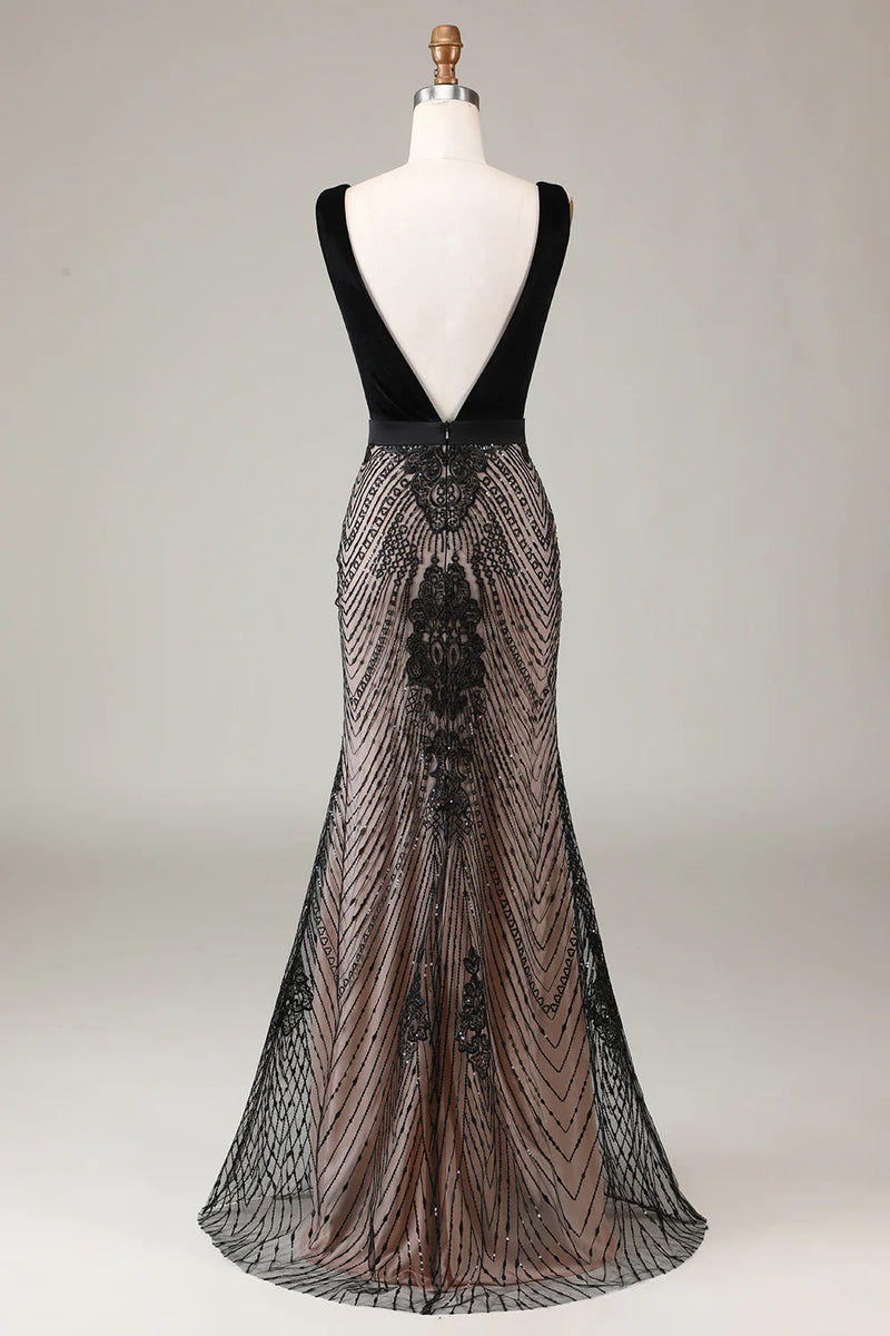 Load image into Gallery viewer, Mermaid Sequins V-Neck Black Prom Dress