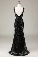 Load image into Gallery viewer, Black Mermaid Sequins Long Feathered Prom Dress