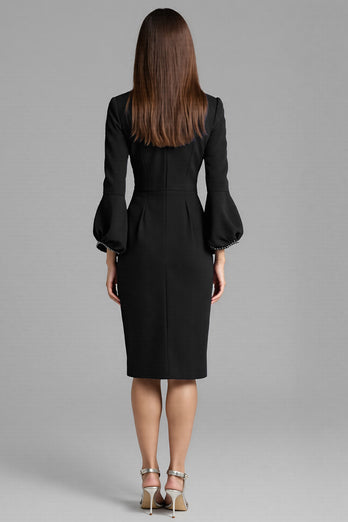 Navy Satin Bodycon Midi Work Dress with Long Sleeves