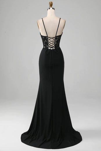 Black Mermaid Spaghetti Straps Long Prom Dress With Embroidery