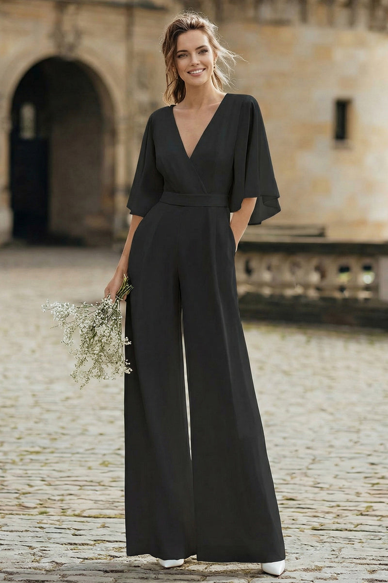 Load image into Gallery viewer, Ivory V-Neck Half Sleeves Long Wedding Jumpsuits with Pockets