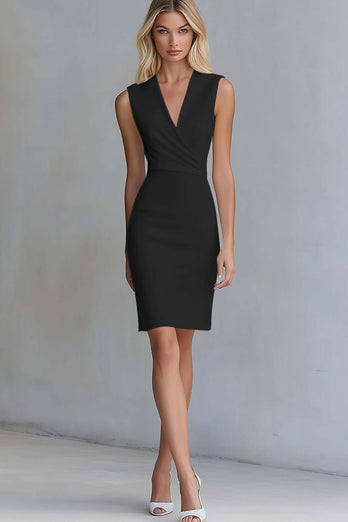 Queendancer Women Ivory Satin Short Work Dress Bodycon V-Neck Sleeveless Semi Formal Dress
