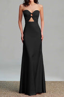 Load image into Gallery viewer, Pink Satin Sheath Ruched Strapless Long Formal Dress with Keyhole