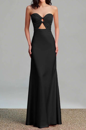 Pink Satin Sheath Ruched Strapless Long Formal Dress with Keyhole