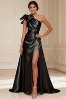 Load image into Gallery viewer, Silver Satin One Shoulder A Line Long Mother of the Bride Dress with Bow