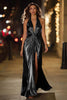 Load image into Gallery viewer, Sparkly Tahiti Metallic Sheath Halter Ruched Long Formal Dress with Slit