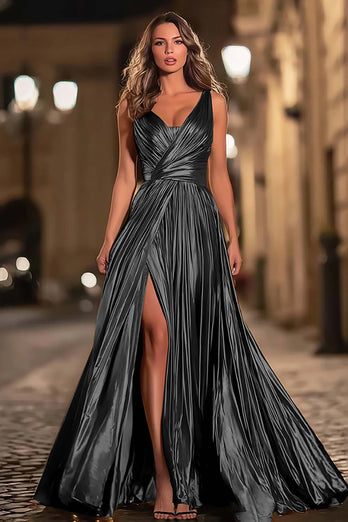 Sparkly Royal Blue Metallic V-Neck A-Line Pleated Long Formal Dress with Slit