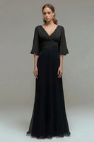 Load image into Gallery viewer, Black and White Chiffon Ruched Maxi Formal Dress with Sleeves