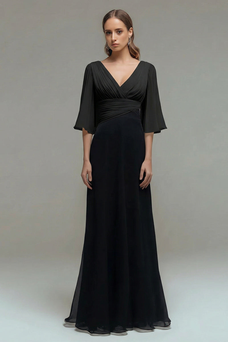 Load image into Gallery viewer, Black and White Chiffon Ruched Maxi Formal Dress with Sleeves