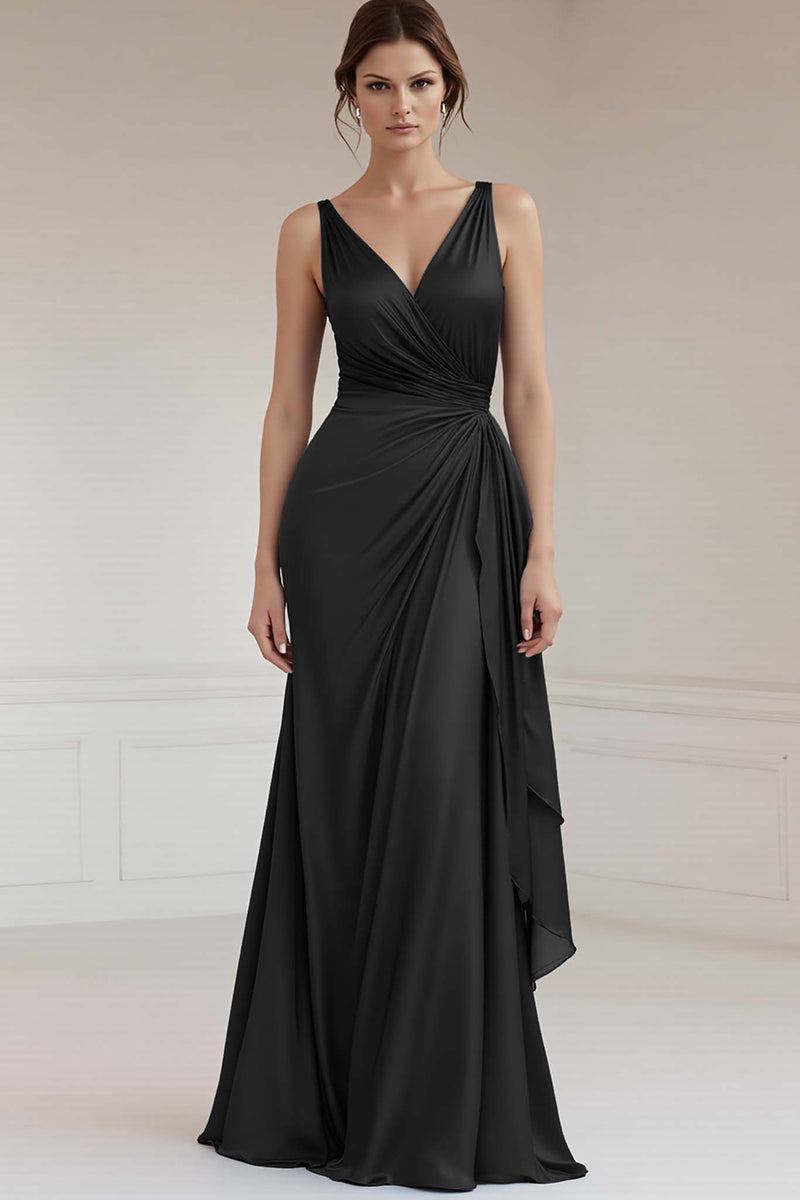 Load image into Gallery viewer, Grey Blue Sheath V-Neck Ruched Long Satin Formal Dress