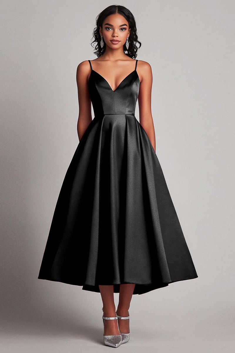 Load image into Gallery viewer, Red Spaghetti Straps Asymmetrical Tea Length Long Formal Dress