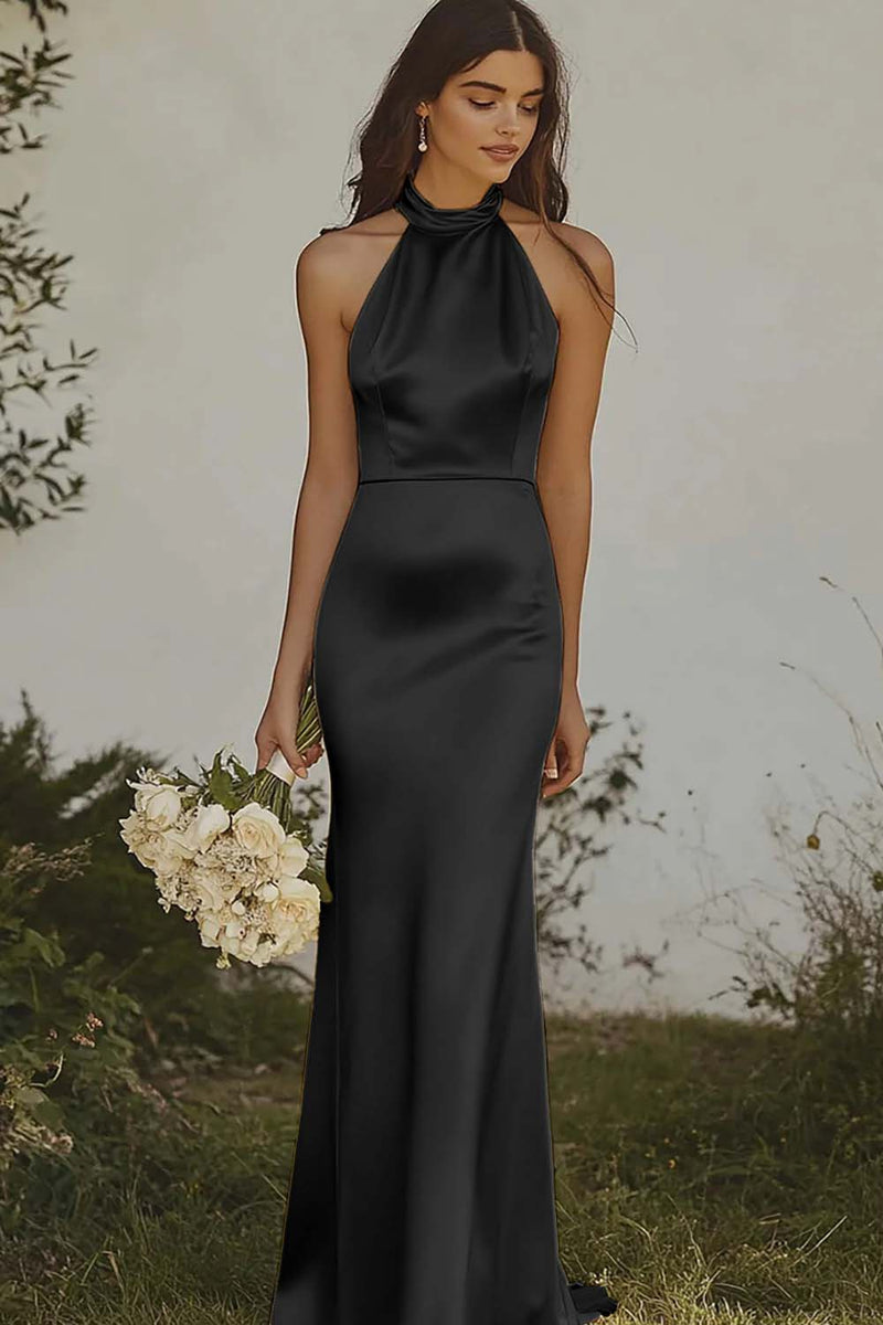 Load image into Gallery viewer, Light Yellow Halter Satin Sheath Long Formal Dress