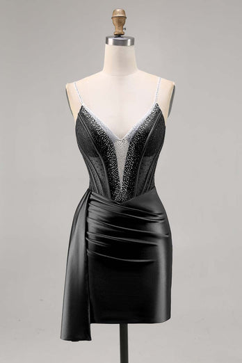 Sparkly Navy Satin Short Corset Homecoming Dress with Beading