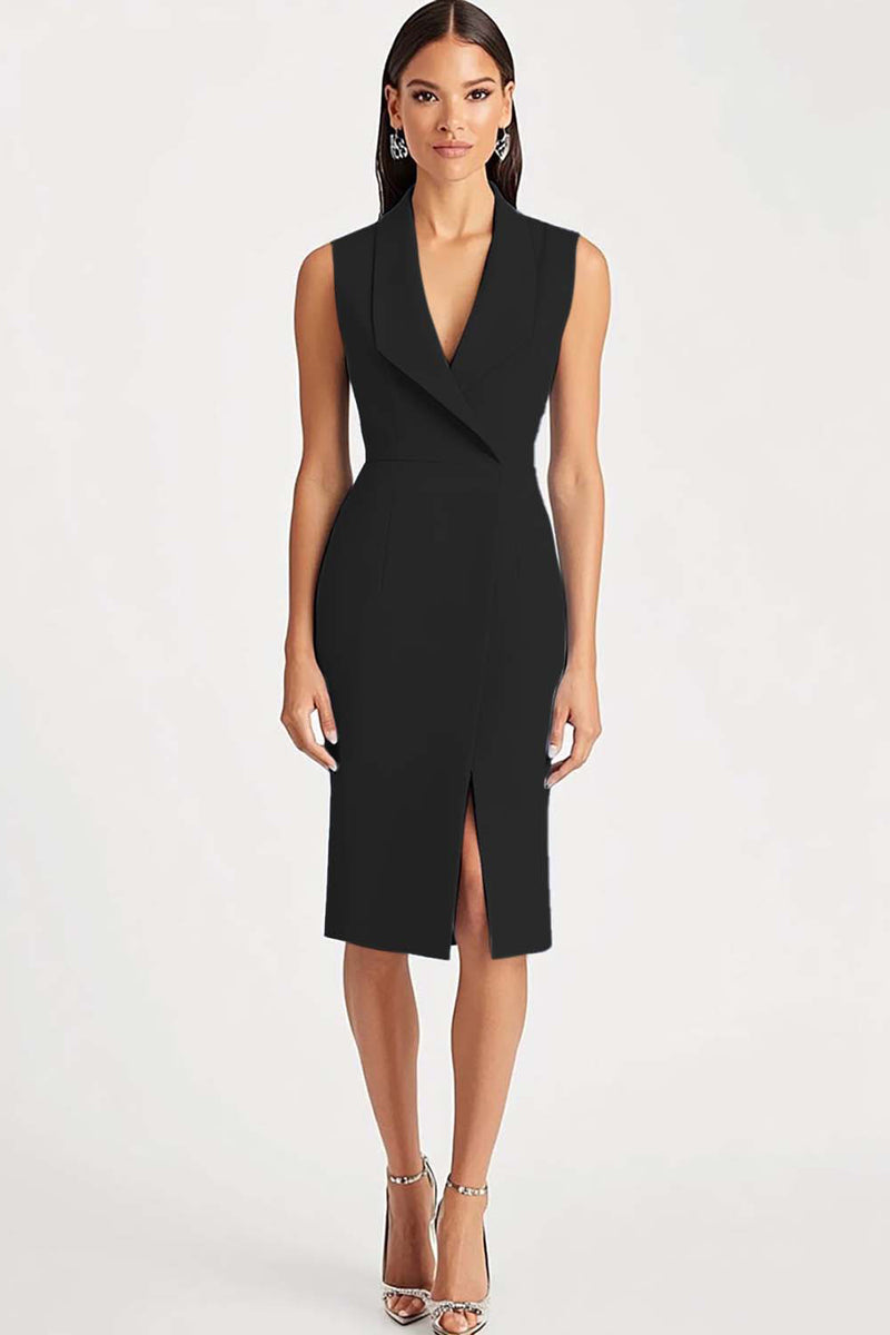 Load image into Gallery viewer, Queendancer Women Sky Blue Bodycon Work Blazer Dress with Slit Satin Sleeveless Shawl Lapel Midi Semi Formal Dress