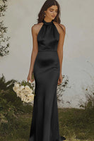 Load image into Gallery viewer, Light Yellow Sheath Halter Long Satin Bridesmaid Dress