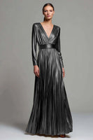 Load image into Gallery viewer, Sparkly Gold Metallic Pleated V-Neck A-Line Long Sleeves Formal Dress
