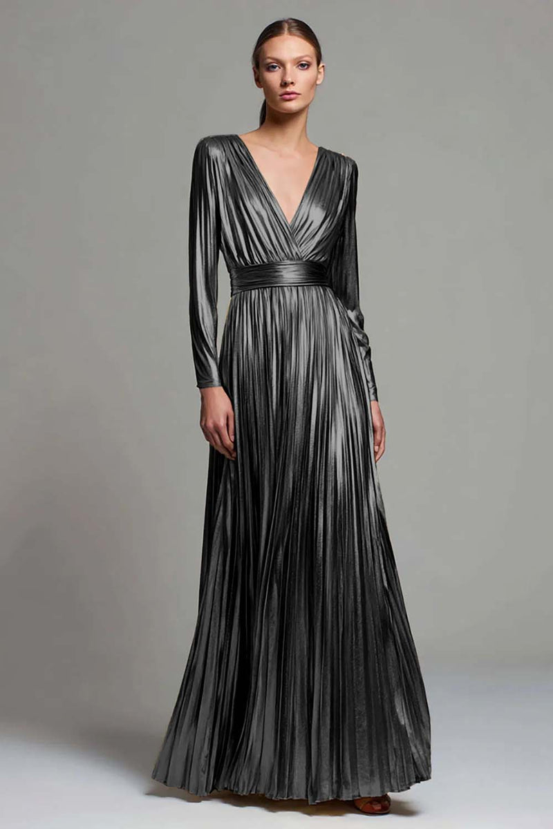 Load image into Gallery viewer, Sparkly Gold Metallic Pleated V-Neck A-Line Long Sleeves Formal Dress